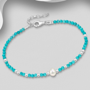 Bracelet en argent 925ème, Turquoises et Perle naturelle d'eau douce