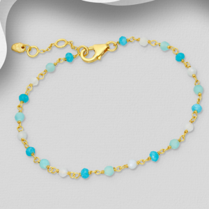 Bracelet en argent 925ème plaqué or 18k, amazonites, aigues-marines laiteuses, jades apatites néons