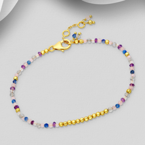 Bracelet en argent 925ème plaqué or 18k, améthystes, labradorites, pierres de lune, onyx roses, quartz roses et tanzanites