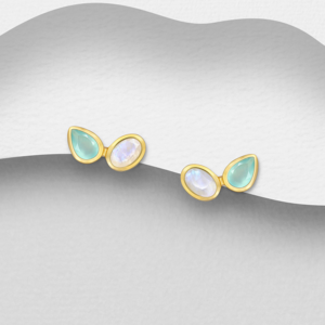 Boucles d'oreilles en argent 925ème plaqué or 18k et Aqua Calcédoine et Pierre de Lune