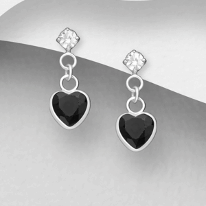 Boucles d'oreilles coeur en cristal noir et en argent 925ème