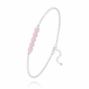 Bracelet 5 perles rondes 4 mm Quartz Rose sur chaîne argent rhodié
