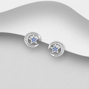 Boucles d'oreilles Lune et Etoile en argent 925ème et zyrconium bleus et blancs